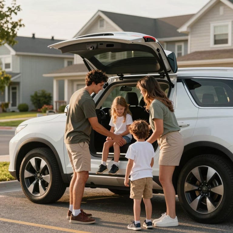 A family in smart casual attire loading a clean, modern SUV for a trip in a North American neighborhood with soft afternoon sunlight.