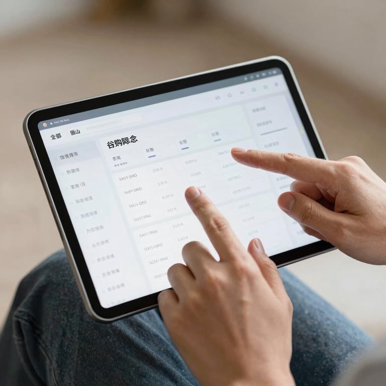 Hands of a professional gesturing towards a tablet showing a condominium management dashboard.