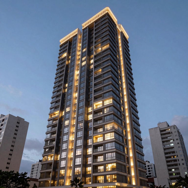 The exterior of a high-rise condominium in São Paulo at dusk with elegant architectural lighting.