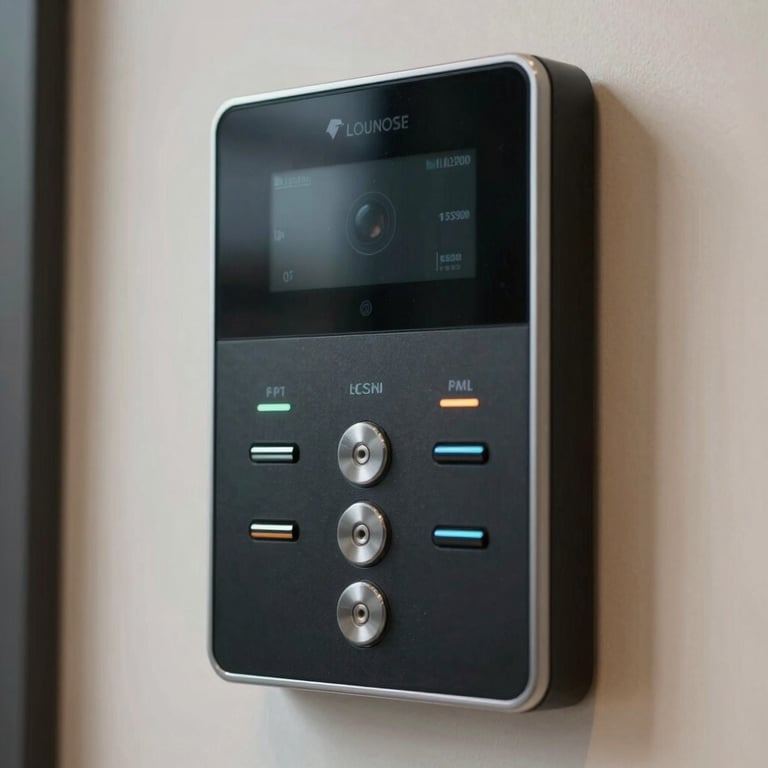 Close-up of a high-tech security intercom and access control system in a luxury building.