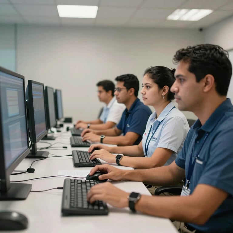 A team of South American / Brazilian professionals in a clean, modern monitoring center, working with calm efficiency.