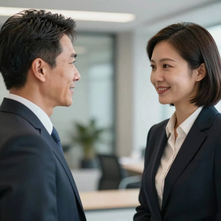 A professional greeting in a business setting between two individuals in corporate attire.
