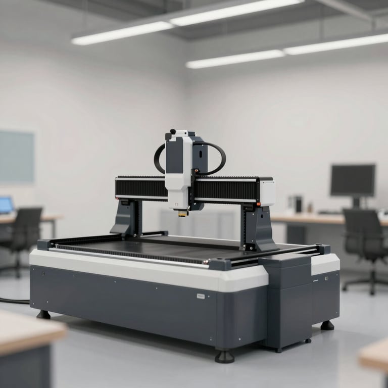 An interior shot of the virtual workshop tour showing high-tech CNC machinery in a clean #262626 and #F7F4EF space.