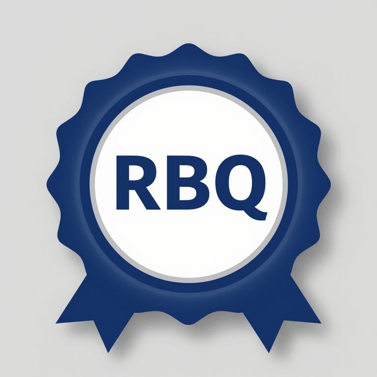 A professional certification seal for RBQ on a neutral background.