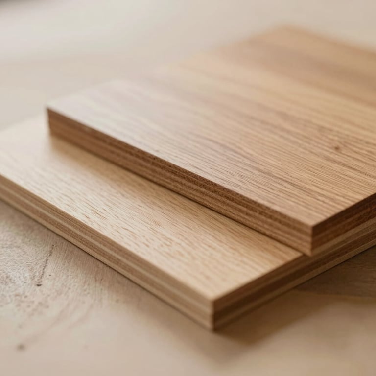 A close-up of sustainable wood samples (maple and oak) reflecting the ecological commitment, shot in warm #4A433A tones.