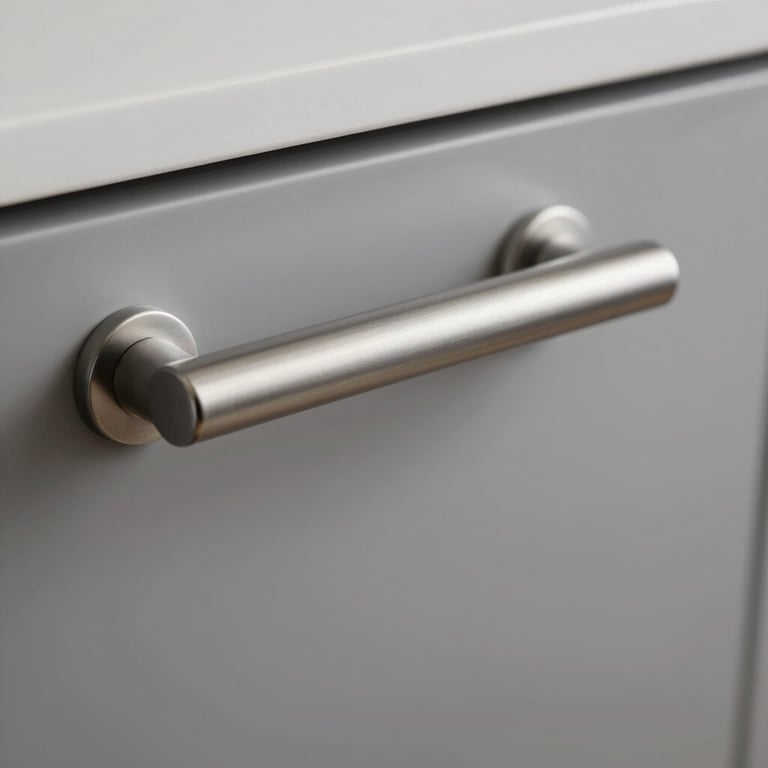 A detail shot of a sophisticated kitchen handle in brushed metal, emphasizing meticulous attention to detail.