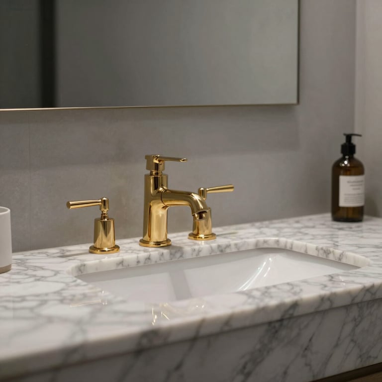 A designer bathroom featuring a marble vanity and elegant gold fixtures against a neutral gray background.