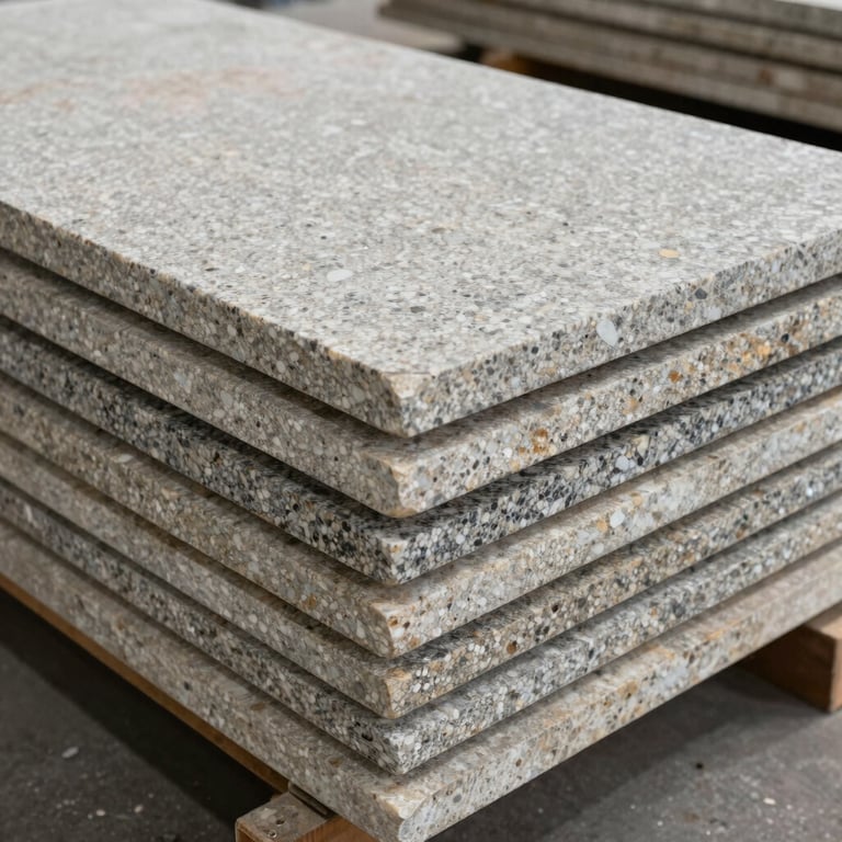 A stack of premium stone slabs including quartz and granite in a clean, professional warehouse setting.