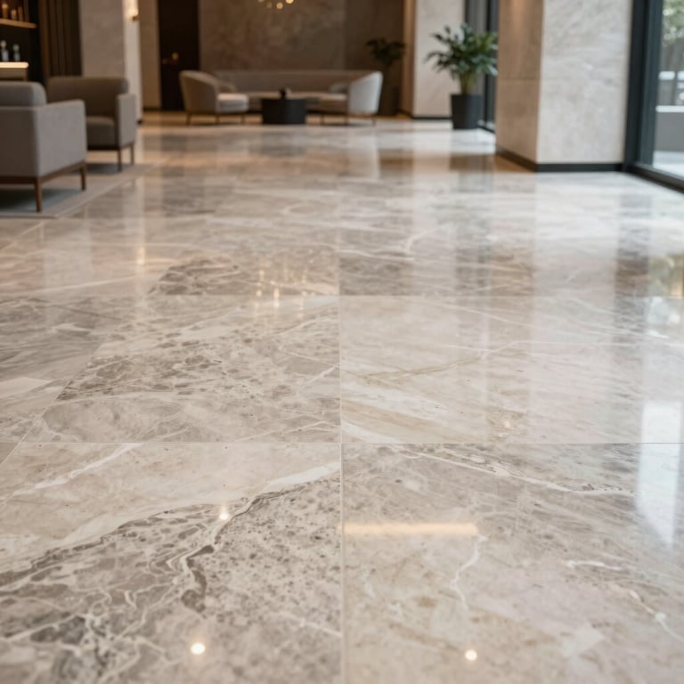 Polished travertine floor in a spacious, modern lobby in Mexico City with minimalist furniture.