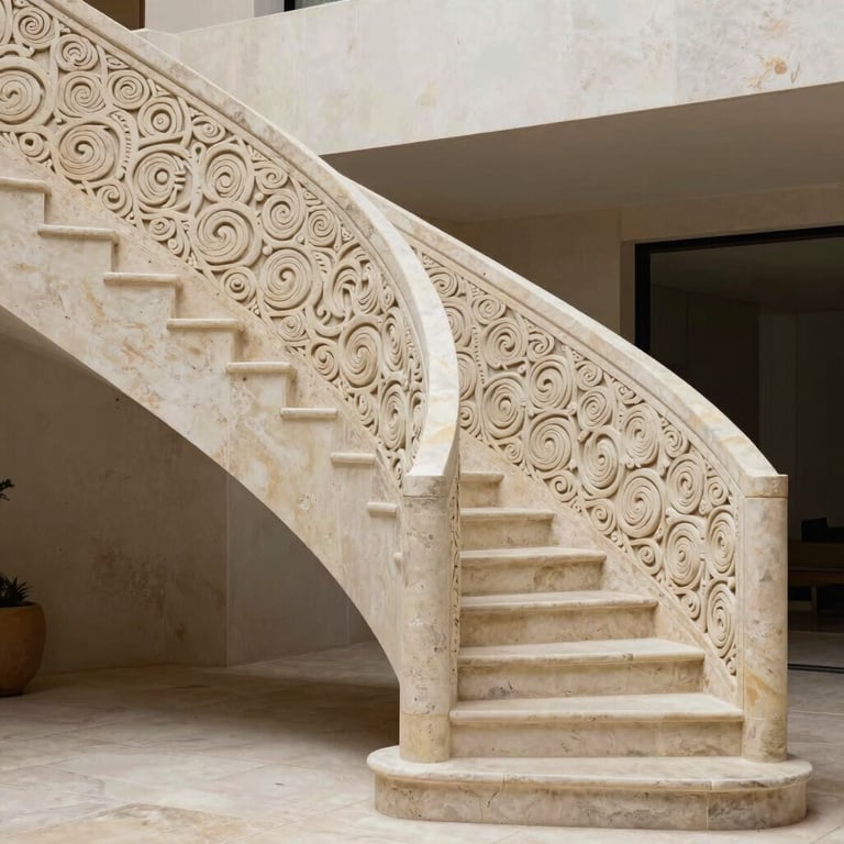 Architectural detail of a carved limestone staircase in a contemporary Mexican villa.