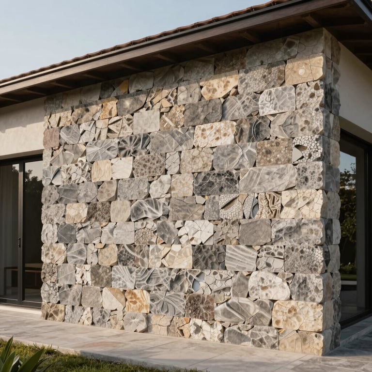 Installation of cantera stone on the exterior of a high-end residence in Merida, showing traditional Mexican craftsmanship.