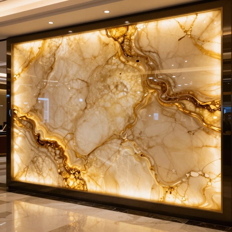 A backlit onyx wall panel glowing with warm amber and gold tones in a luxury commercial space.