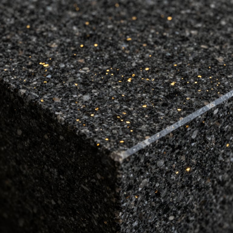 A close-up of dark granite with golden flecks, reflecting soft studio lighting for a luxurious texture.