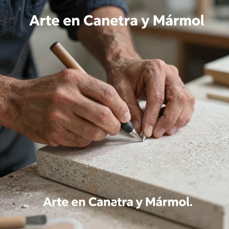 A skilled artisan hand-finishing a piece of fine stone in a workshop, emphasizing the heritage of Arte en Cantera y Mármol.