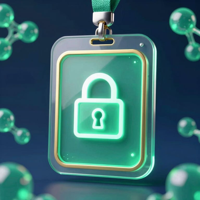 A premium 3d digital security badge with glowing emerald and gold accents, secure lock icon, glassmorphism texture