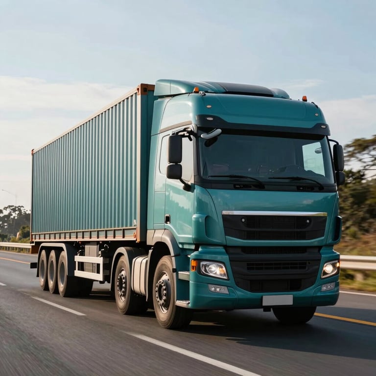 Fleet of logistics trucks driving on a modern highway in South America, sunlight hitting the steel teal details.