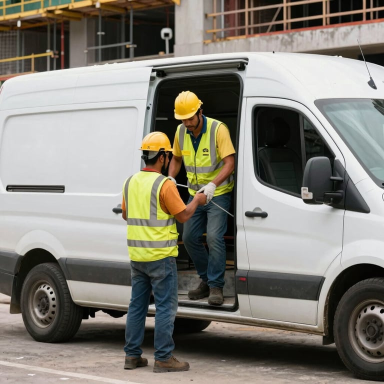 Brazilian construction workers in safety gear boarding a white shuttle van at the end of a shift.