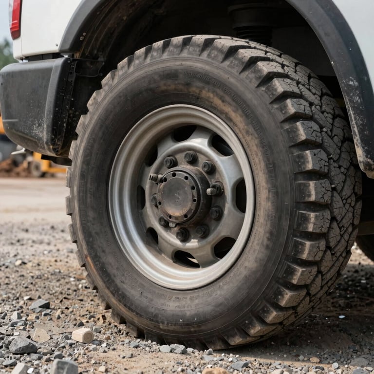 Close-up of a well-maintained truck tire and wheel on a gravel construction site surface, professional maintenance focus.