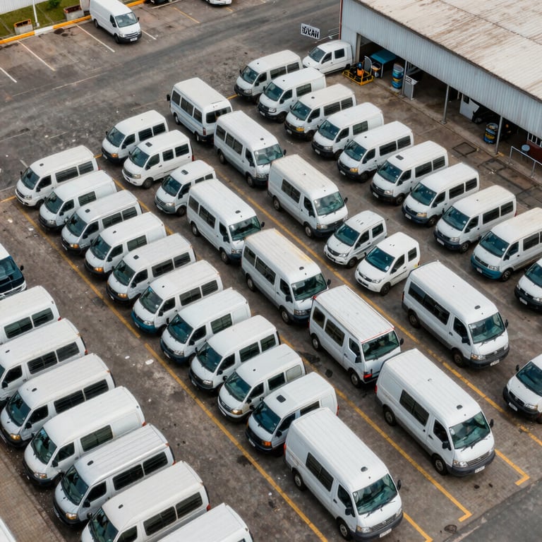 Aerial view of a vehicle depot with rows of organized vans and trucks near a Brazilian industrial hub.