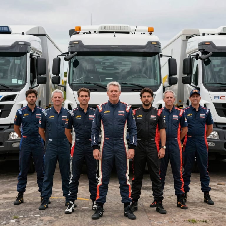 A team of professional drivers in uniform standing together in front of a modern transport fleet, South American setting.