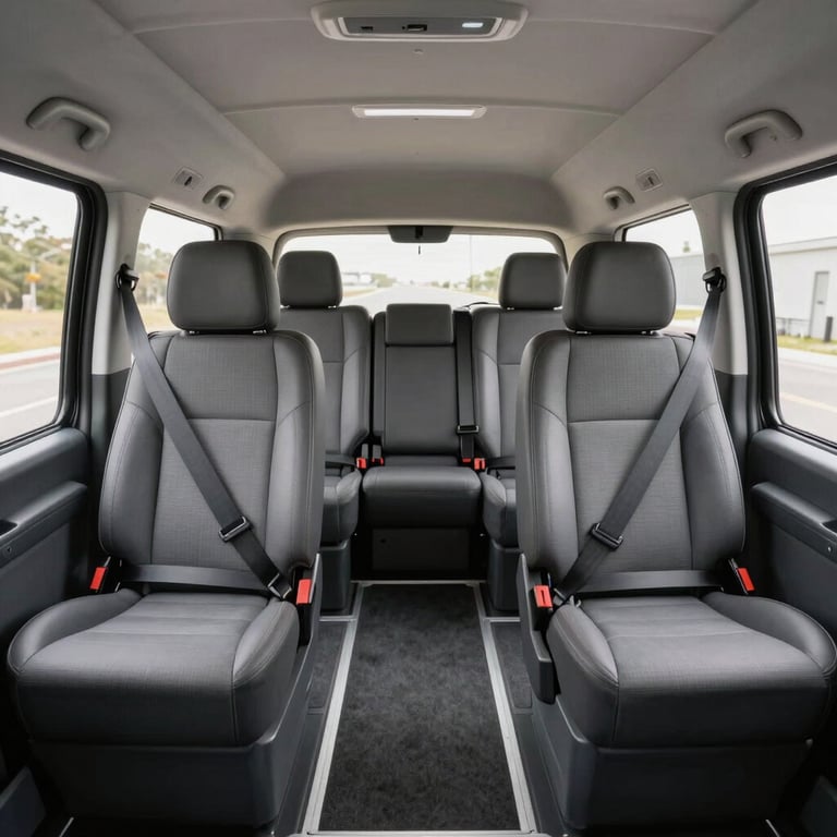 The clean and spacious interior of a modern 15-seater transport van, showing comfortable seating and safety belts.