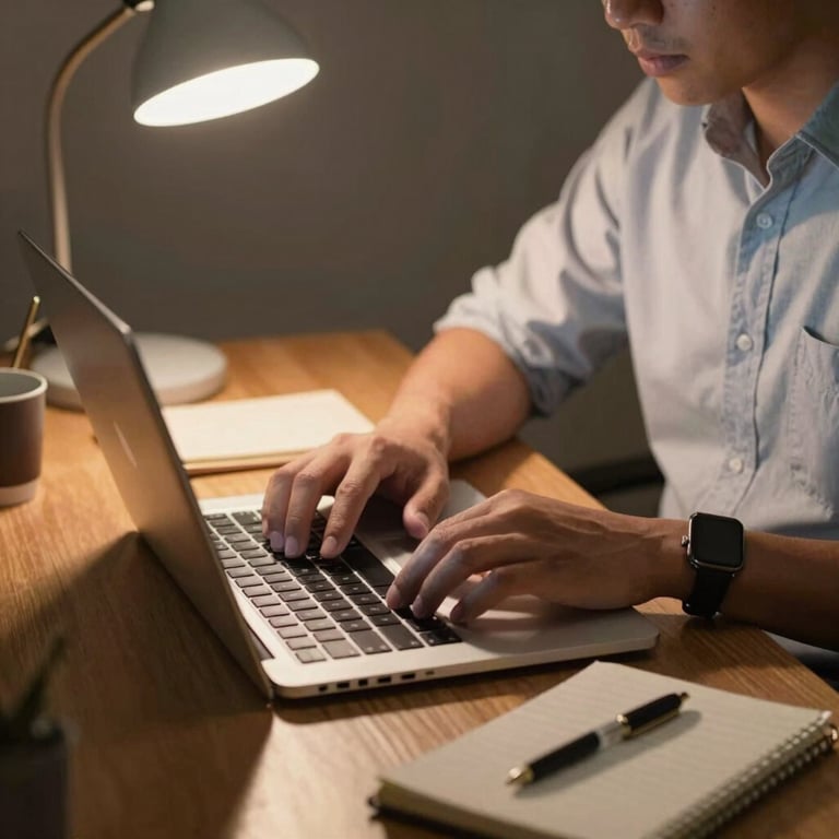 A close-up shot of an Indonesian professional studying on a laptop at night, warm desk lamp lighting, notebook and coffee cup nearby, natural setup.