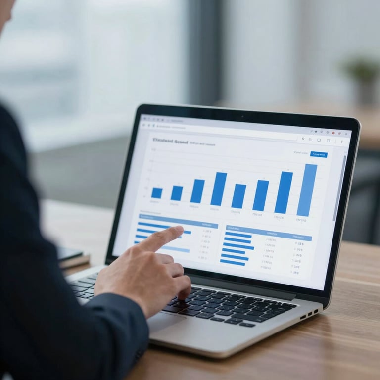 A business manager analyzing a clean, blue-toned financial report on a laptop screen.