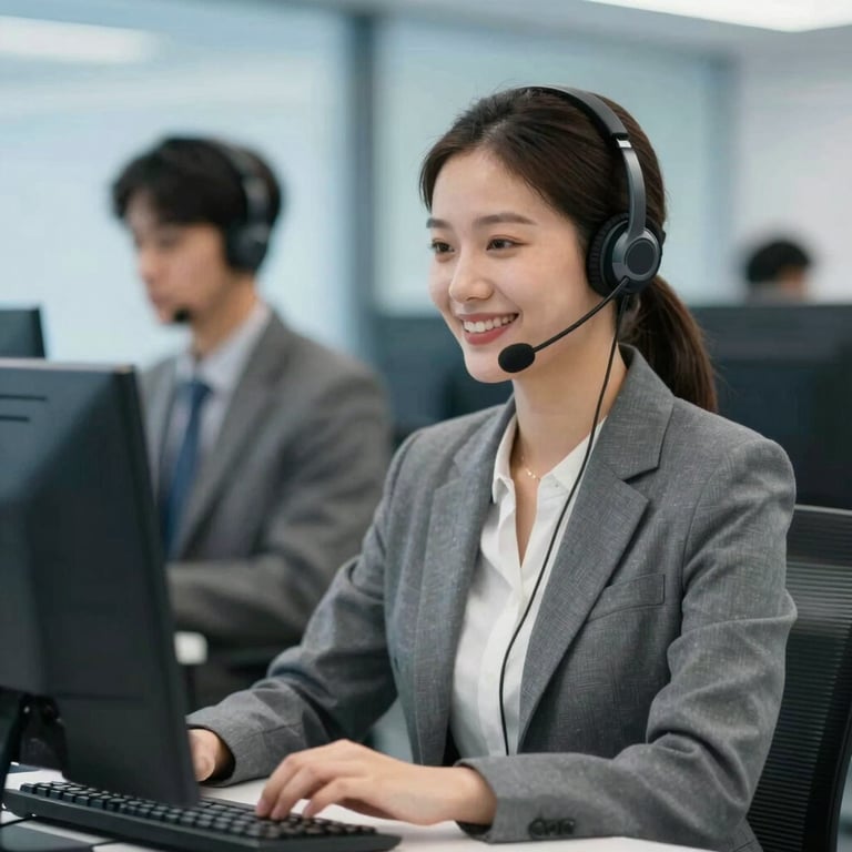 A customer service professional smiling, working in a modern environment with subtle blue lighting.