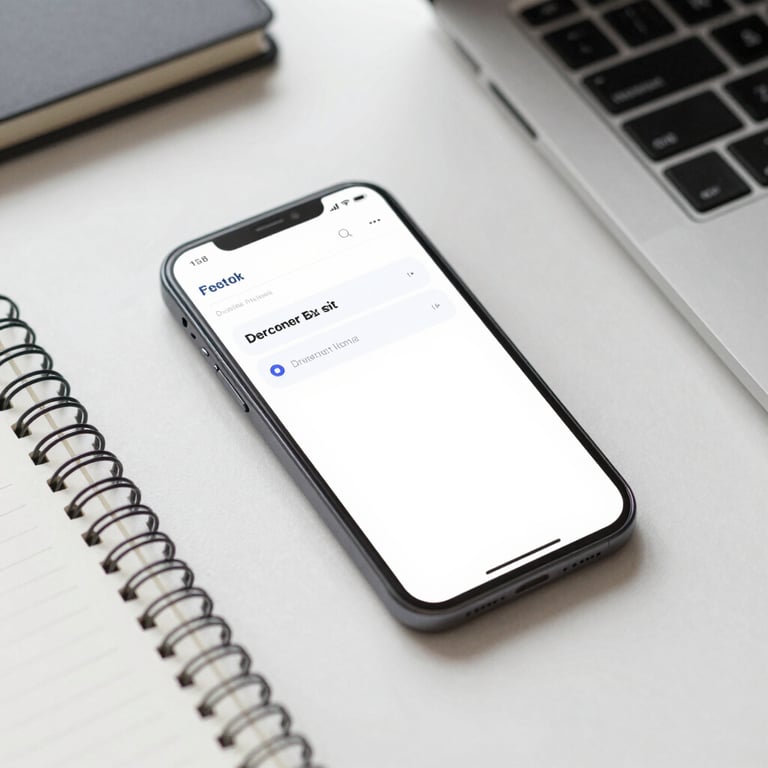 A bird's-eye view of a clean workspace featuring a phone and a notebook, suggesting professional organization.