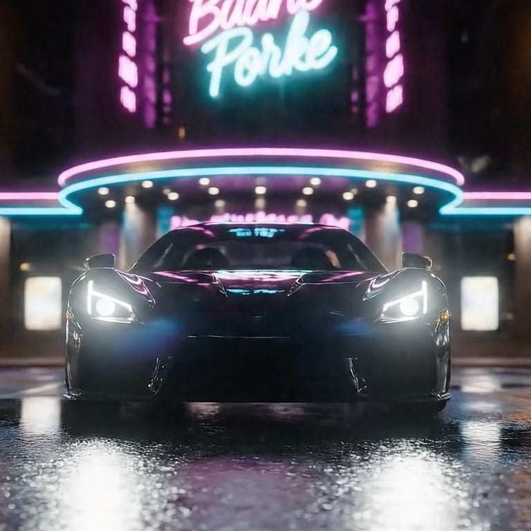 Futuristic cyberpunk vehicle concept art with neon noir lighting for film pitch.