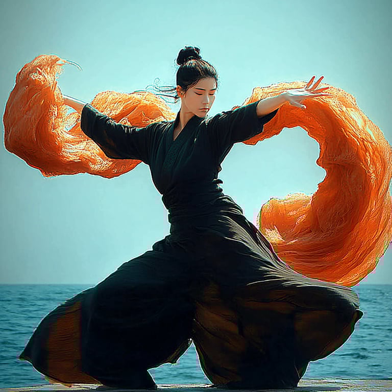 AI generated motion graphic of martial arts dancer with fluid orange energy effects.