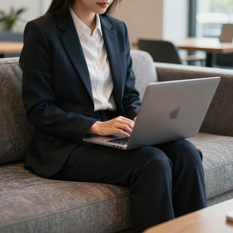 A person in professional attire sitting on a plush sofa in a North American / US co-working space, working on a sleek silver laptop.