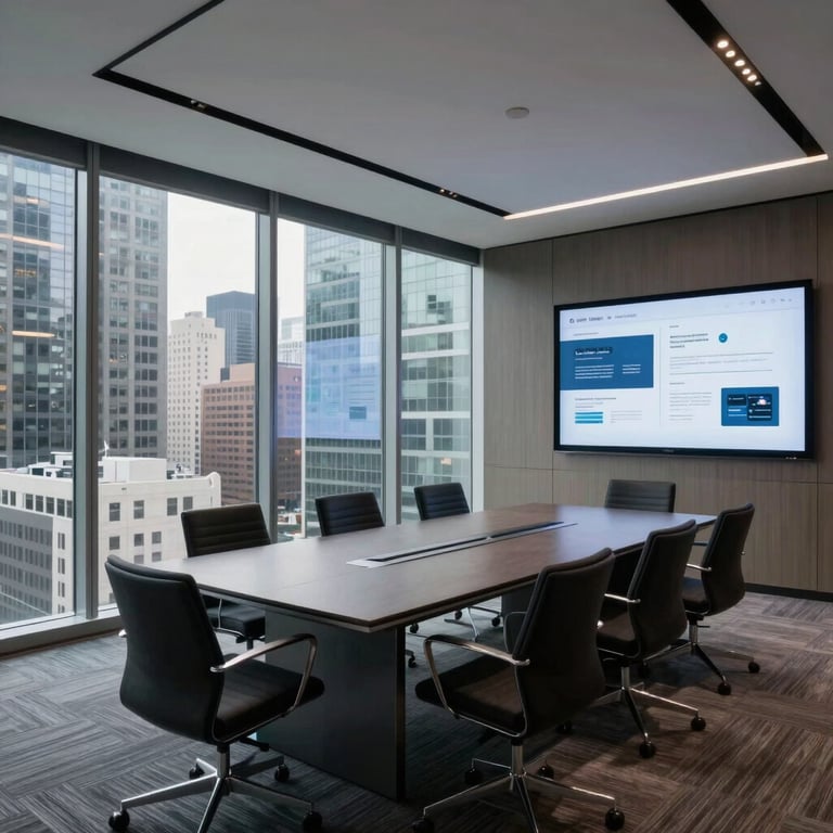 An ultra-modern meeting room in a North American city, featuring glass walls and high-tech presentation screens.