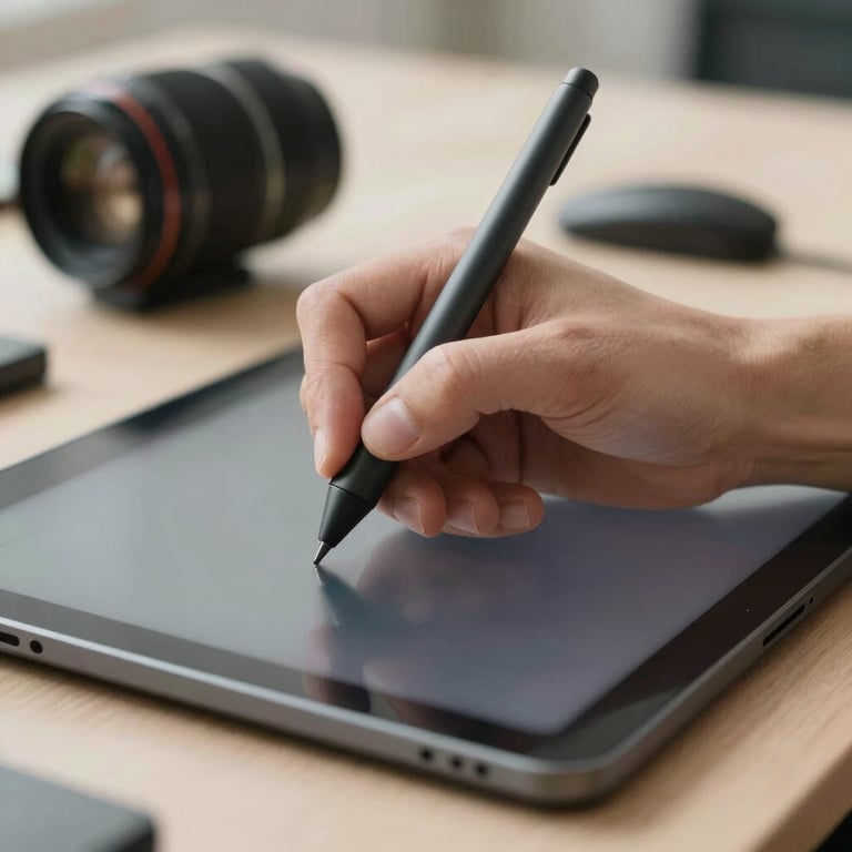 A close-up of a designer's hand using a high-precision stylus on a digital tablet in a bright North American / US studio.