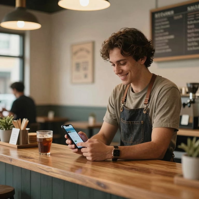 A warm, welcoming North American / US cafe interior where a small business owner is happily reviewing their new website on a phone.