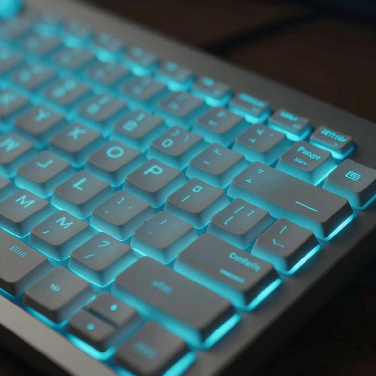Macro shot of a high-tech keyboard with soft Turquoise Blue backlighting in a dark, professional setting.