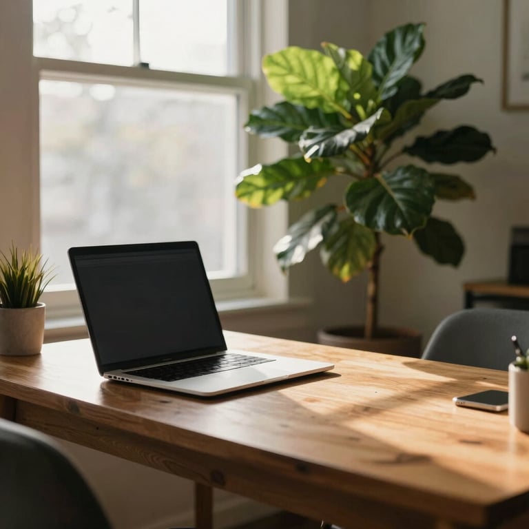 A cozy home office setup in the US with a warm wooden desk, a laptop, and a large green plant, backlit by soft morning sun.