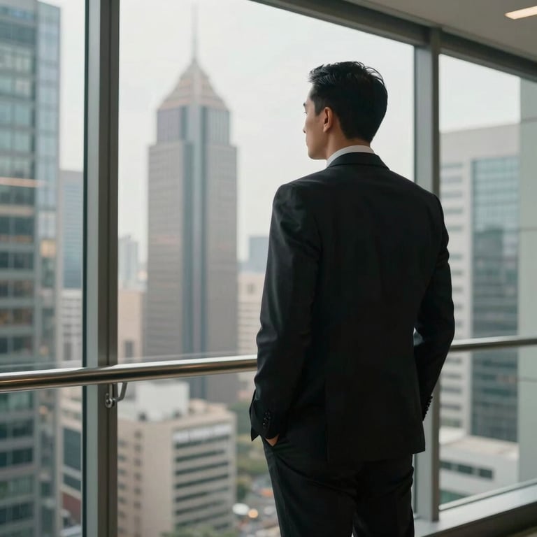 A professional executive overlooking a South American business district through a glass wall, sharp black suit, cinematic lighting.