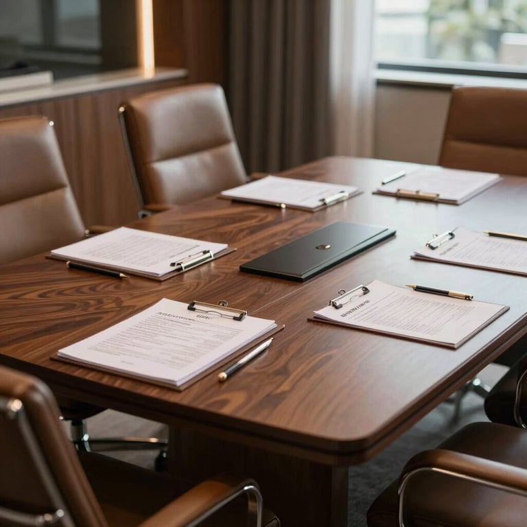 A luxury boardroom table with leather chairs and high-end stationery, professional South American / Brazilian corporate style.