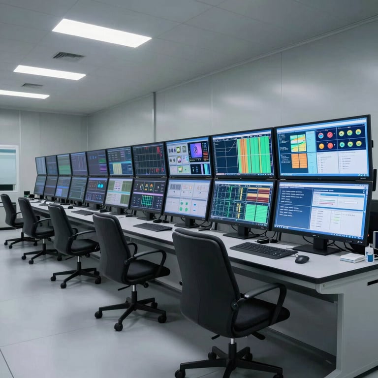 High-tech logistics control center with glowing screens and clean, professional design.