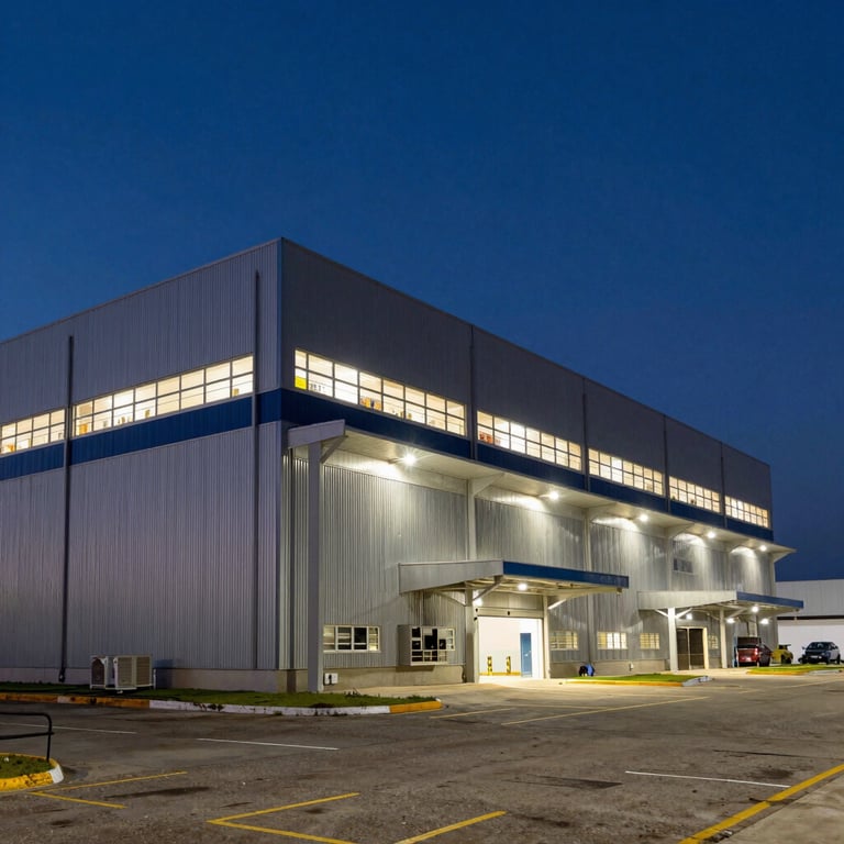 Exterior of a modern industrial facility in Brazil at dusk, sophisticated architectural lighting, dark blue sky.