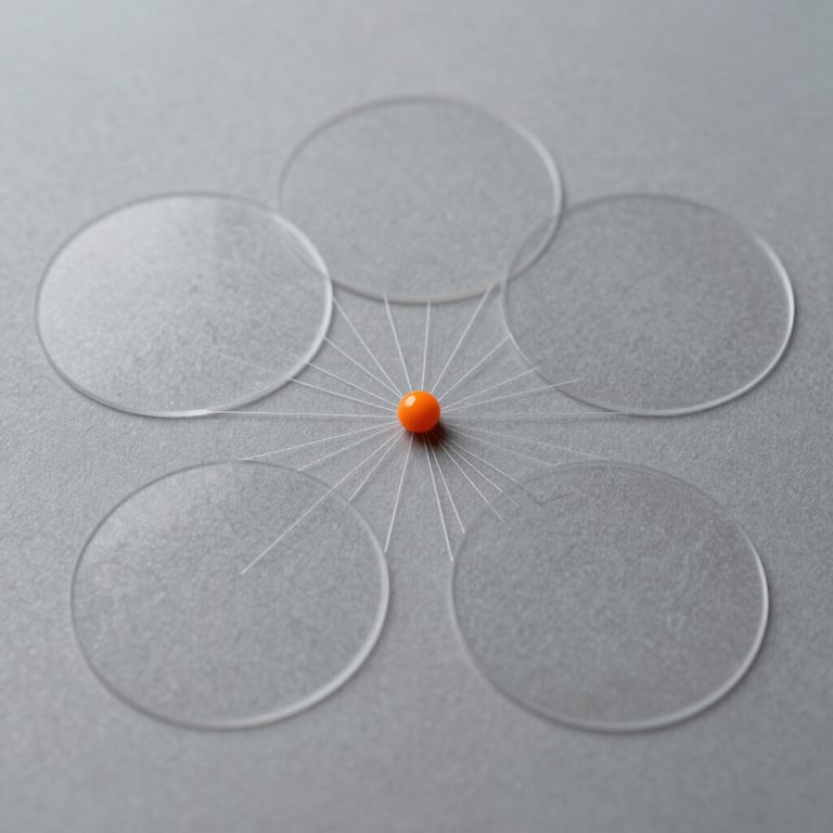 Overhead flat-lay diagram of five intersecting translucent geometric circles on a textured grey background, fine technical white lines mapping connections, a single bright orange dot at the absolute center, soft studio lighting.