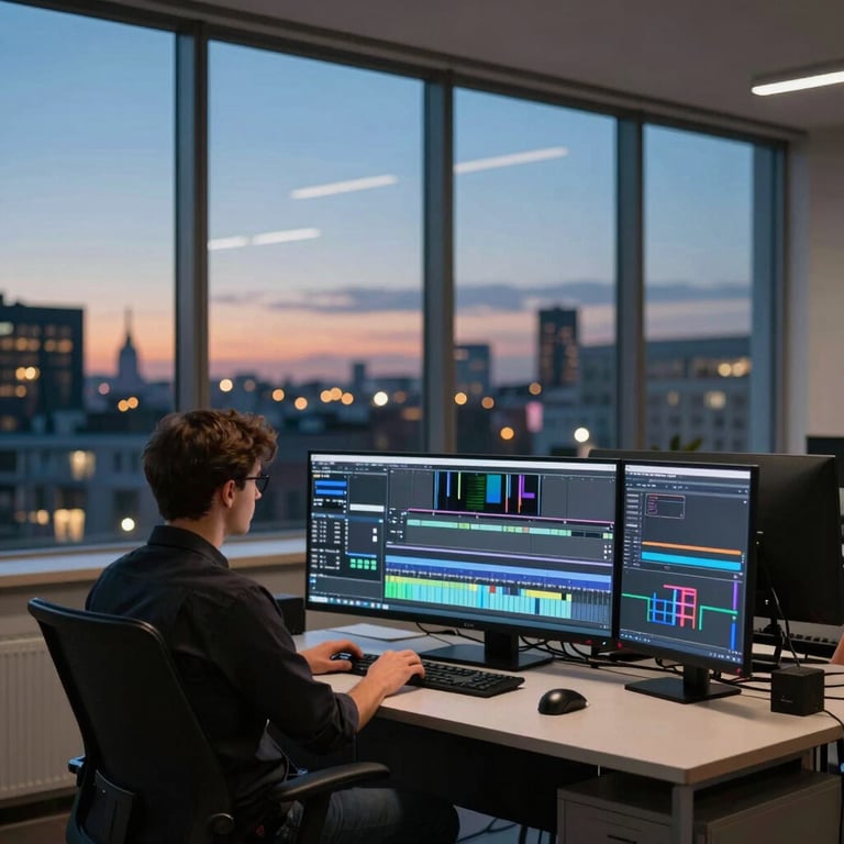 View of a contemporary European editing suite at dusk with the city lights visible through a large window.
