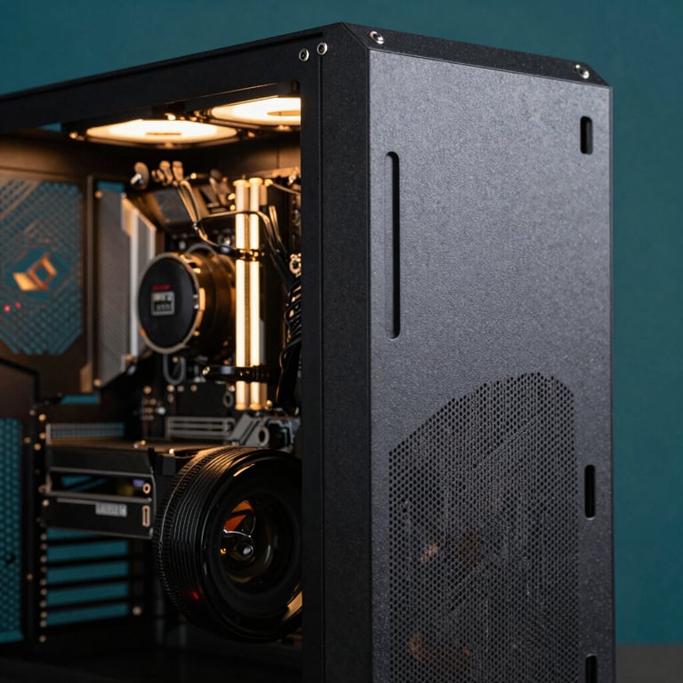 Close-up of a high-performance computer tower with glowing internal lights in a dark teal environment.