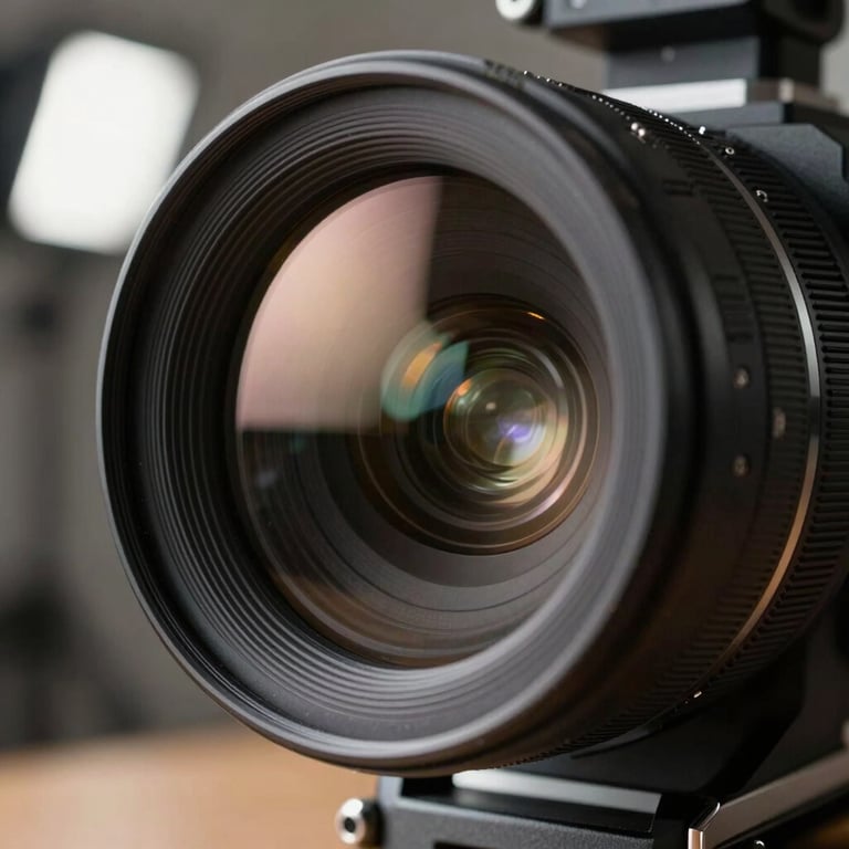 Detailed macro shot of a cinema camera lens reflecting soft studio lights in a Portuguese production house.