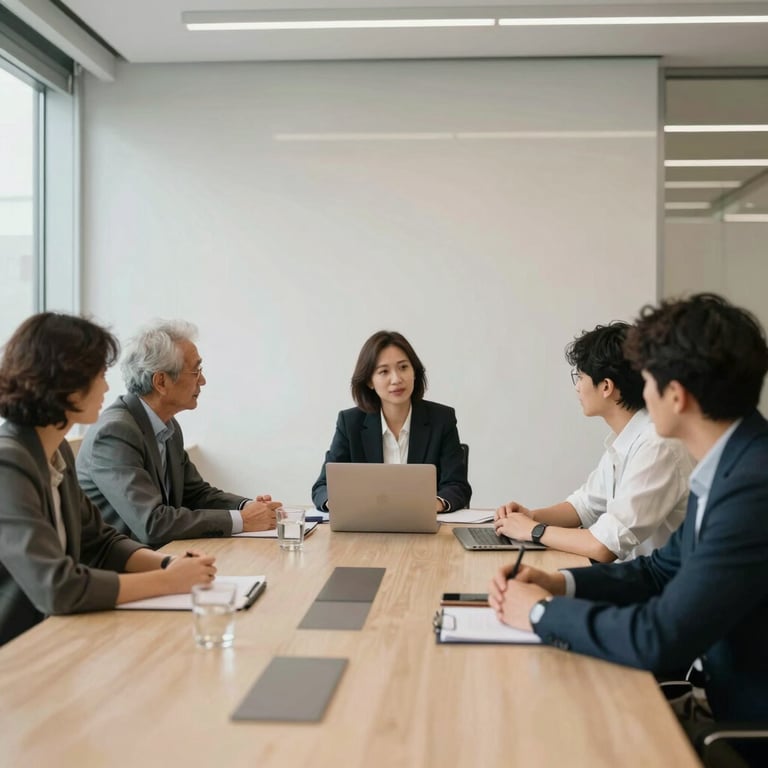 A collaborative team meeting in a bright, modern office with off-white walls and glass partitions.