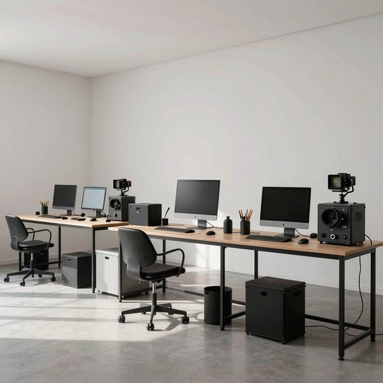 A wide shot of a modern Lisbon post-production studio with minimalist decor and sleek equipment.