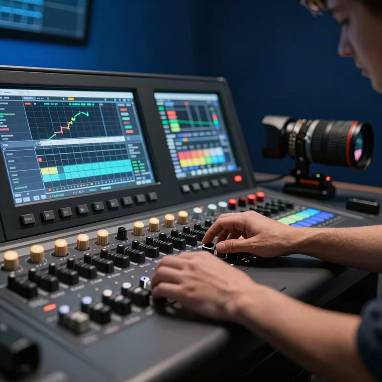 A professional colorist's hand adjusting a high-tech control panel in a dark blue room.