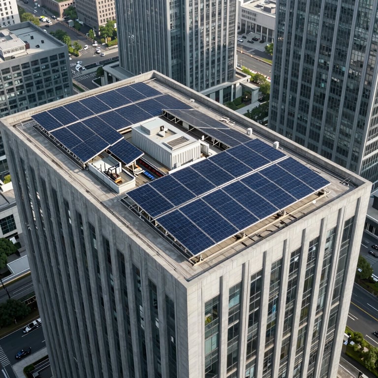 High-angle photography of a corporate headquarters in a major international business hub, its roof covered with sleek navy blue solar panels.