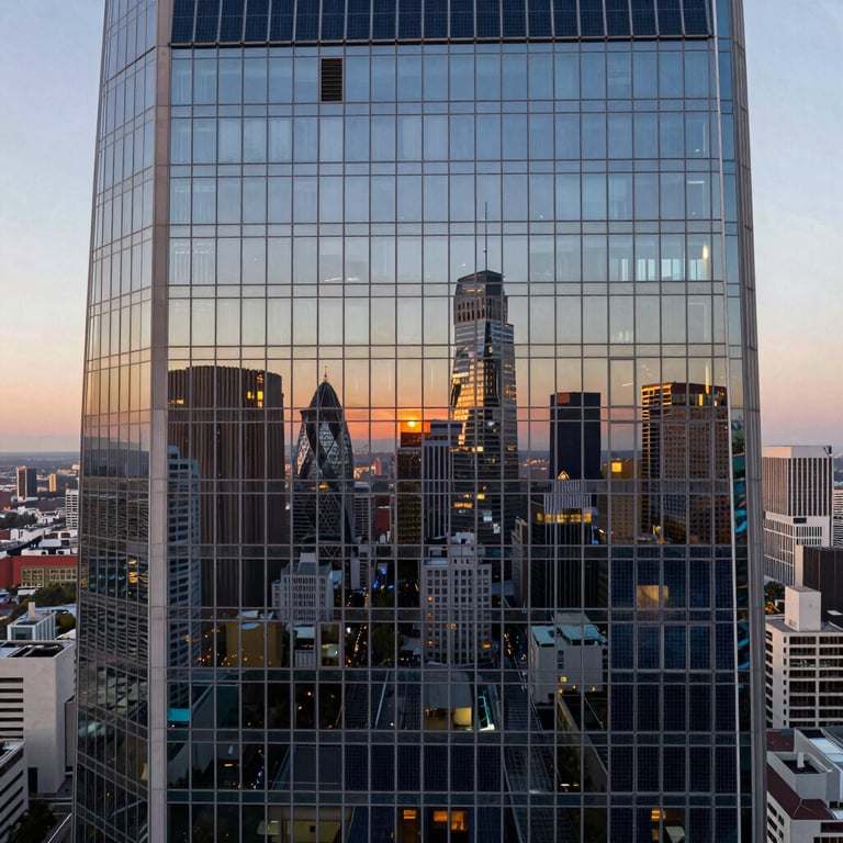 Professional photography of an urban skyscraper with integrated photovoltaic glass panels reflecting a vibrant city skyline at dusk.